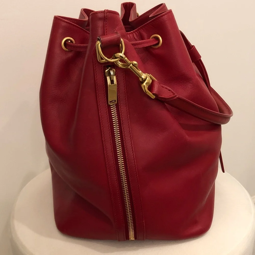 Saint Laurent Red Leather Drawstring Hobo with Gold-Tone Hardware